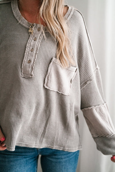 Coffee Hour Waffle Knit Top - Gray