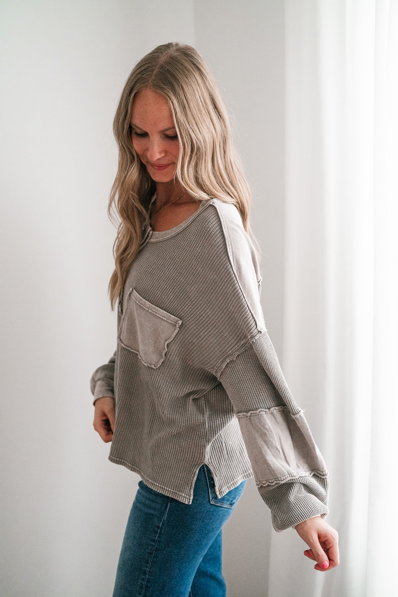 Coffee Hour Waffle Knit Top - Gray