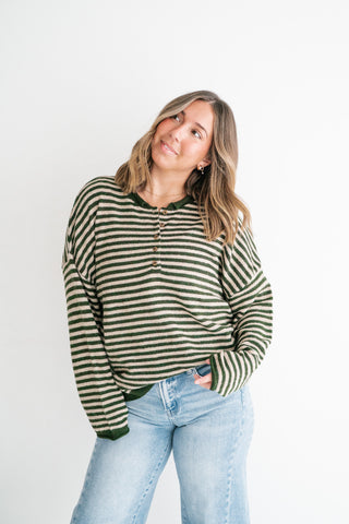 Hometown Stripe Henley Sweater - Olive
