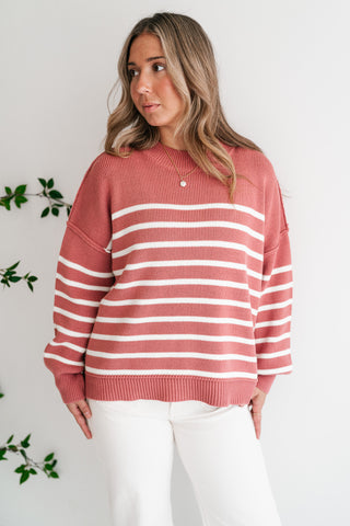 Cozy Chic Women's Striped Mock Neck Knit Sweater - Rose