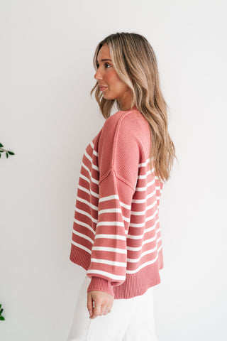 Cozy Chic Women's Striped Mock Neck Knit Sweater - Rose