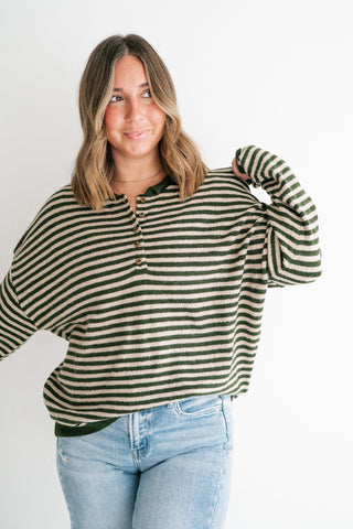 Hometown Stripe Henley Sweater - Olive
