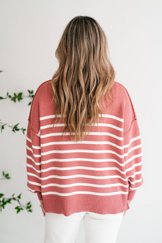 Cozy Chic Women's Striped Mock Neck Knit Sweater - Rose