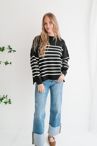 Cozy Chic Women's Striped Mock Neck Knit Sweater - Black