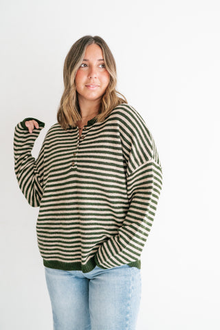 Hometown Stripe Henley Sweater - Olive