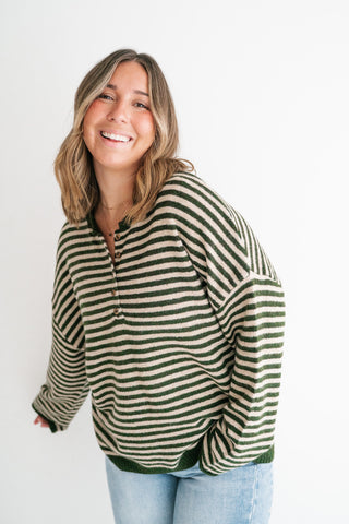 Hometown Stripe Henley Sweater - Olive