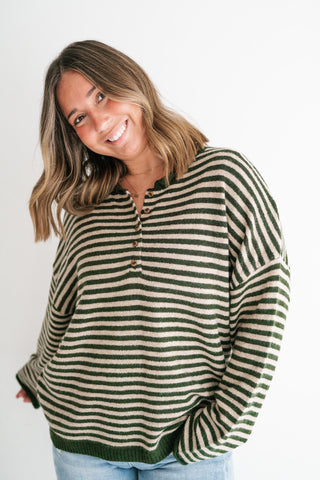 Hometown Stripe Henley Sweater - Olive