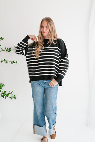 Cozy Chic Women's Striped Mock Neck Knit Sweater - Black