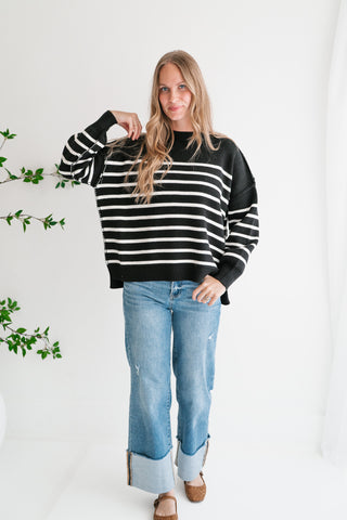 Cozy Chic Women's Striped Mock Neck Knit Sweater - Black