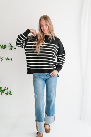 Cozy Chic Women's Striped Mock Neck Knit Sweater - Black
