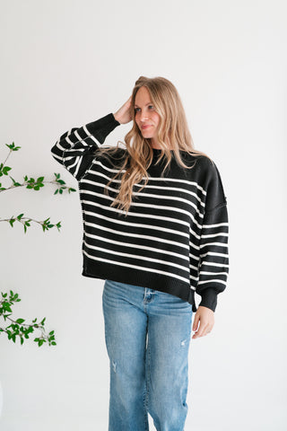 Cozy Chic Women's Striped Mock Neck Knit Sweater - Black