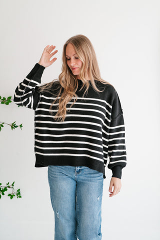 Cozy Chic Women's Striped Mock Neck Knit Sweater - Black