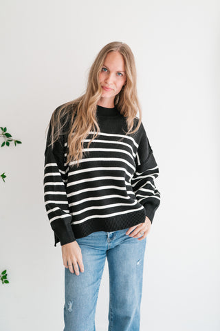 Cozy Chic Women's Striped Mock Neck Knit Sweater - Black