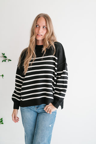 Cozy Chic Women's Striped Mock Neck Knit Sweater - Black
