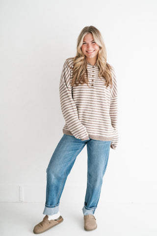 Hometown Stripe Henley Sweater - Mocha