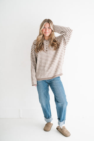 Hometown Stripe Henley Sweater - Mocha