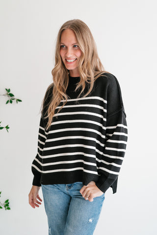 Cozy Chic Women's Striped Mock Neck Knit Sweater - Black