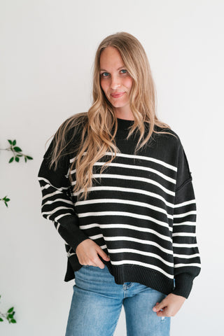 Cozy Chic Women's Striped Mock Neck Knit Sweater - Black