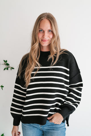 Cozy Chic Women's Striped Mock Neck Knit Sweater - Black