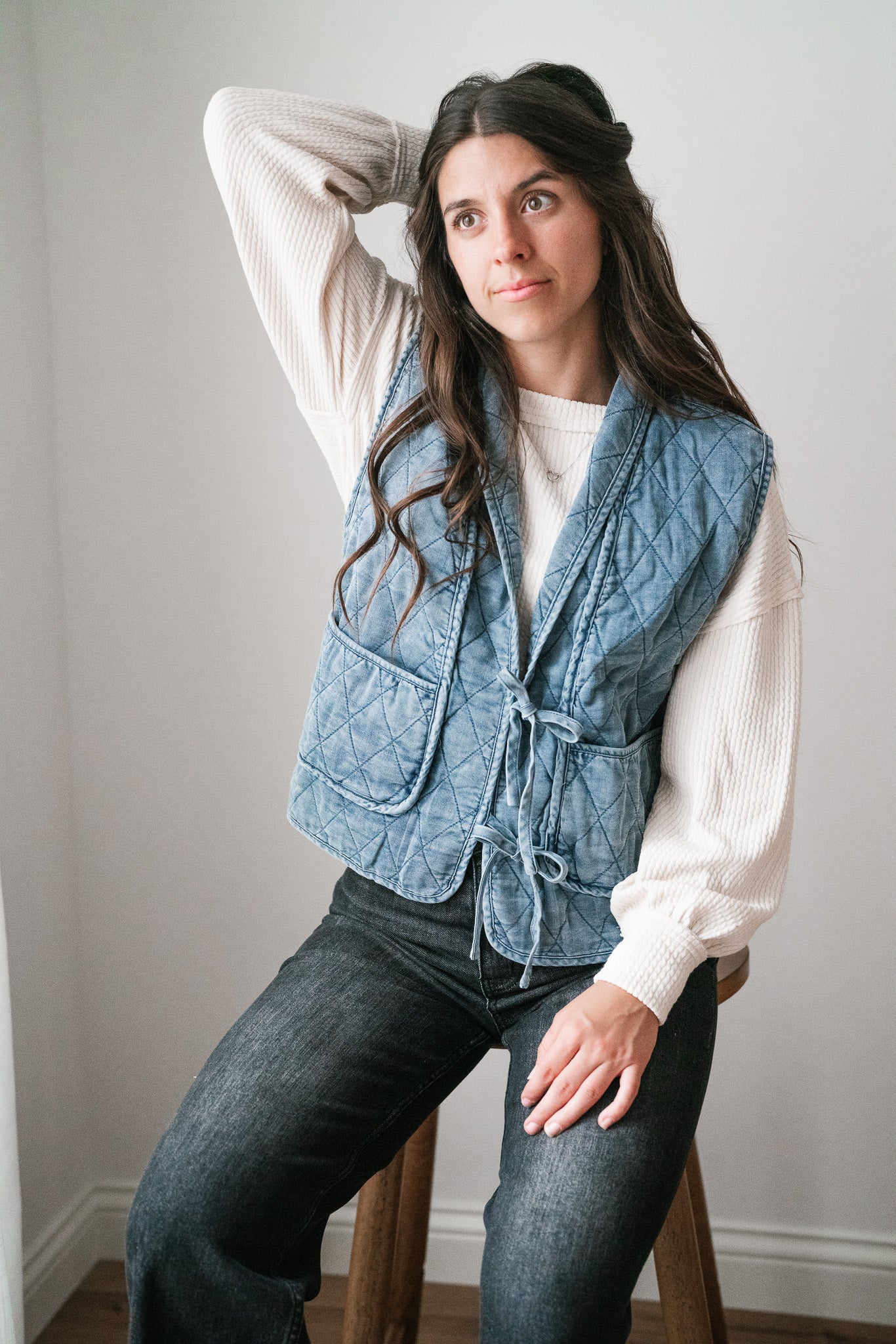 Dibs On Denim Quilted Tie Front Vest