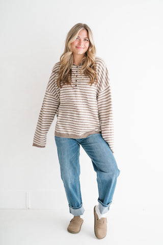 Hometown Stripe Henley Sweater - Mocha