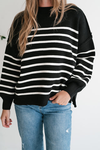 Cozy Chic Women's Striped Mock Neck Knit Sweater - Black