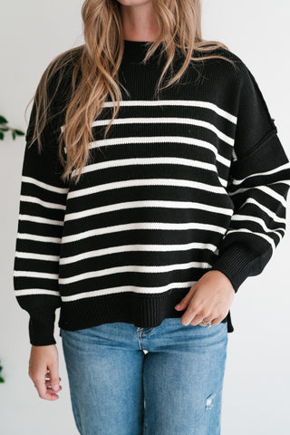 Cozy Chic Women's Striped Mock Neck Knit Sweater - Black