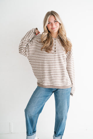 Hometown Stripe Henley Sweater - Mocha