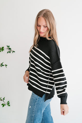 Cozy Chic Women's Striped Mock Neck Knit Sweater - Black