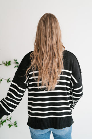 Cozy Chic Women's Striped Mock Neck Knit Sweater - Black