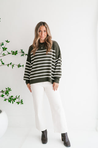 Cozy Chic Women's Striped Mock Neck Knit Sweater - Olive