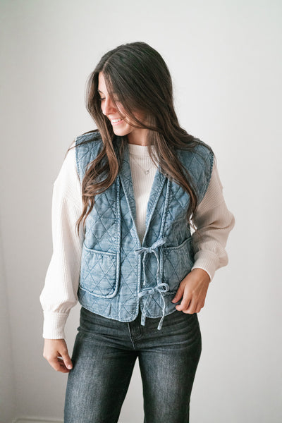 Dibs On Denim Quilted Tie Front Vest