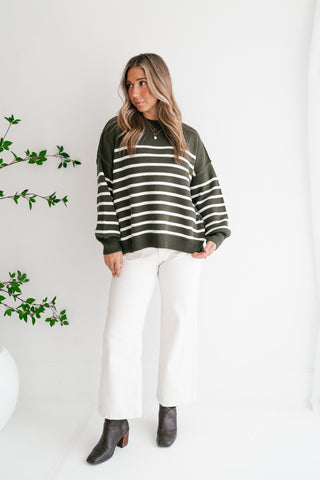 Cozy Chic Women's Striped Mock Neck Knit Sweater - Olive