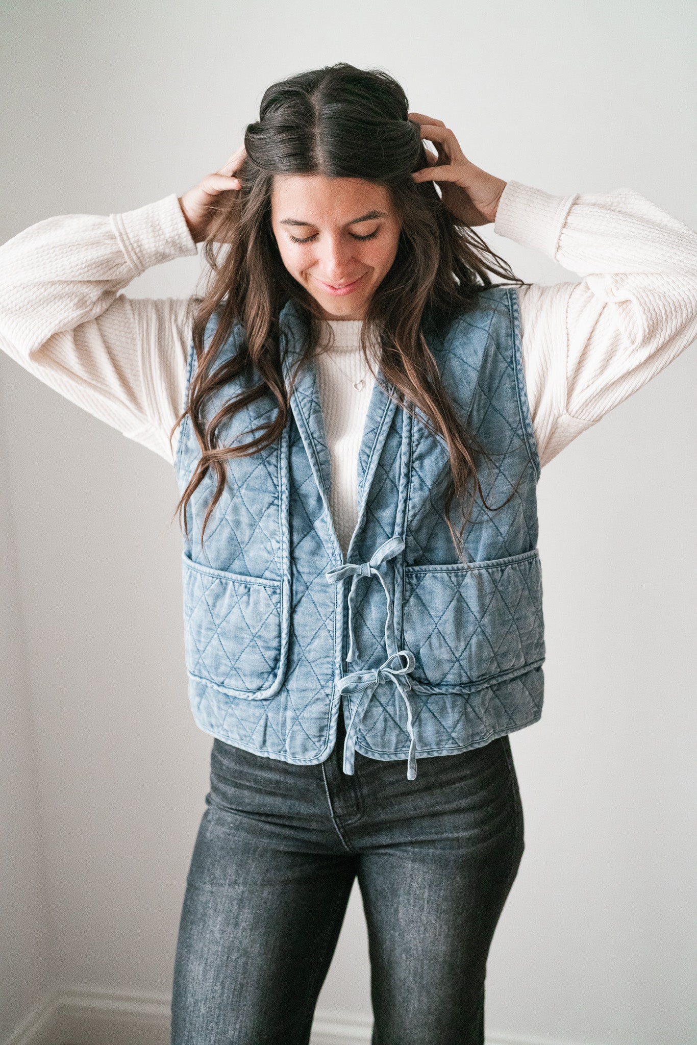 Dibs On Denim Quilted Tie Front Vest