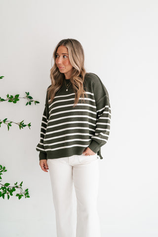Cozy Chic Women's Striped Mock Neck Knit Sweater - Olive