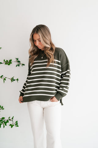 Cozy Chic Women's Striped Mock Neck Knit Sweater - Olive