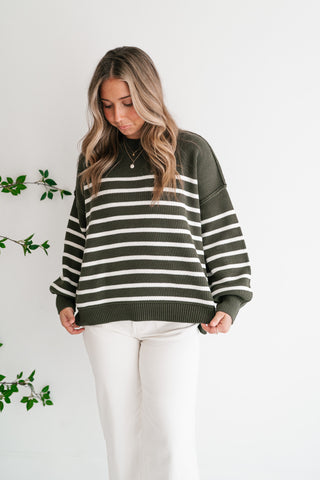Cozy Chic Women's Striped Mock Neck Knit Sweater - Olive