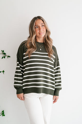 Cozy Chic Women's Striped Mock Neck Knit Sweater - Olive