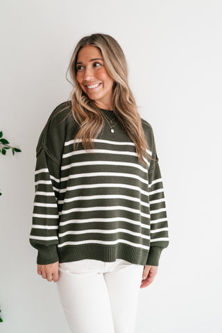 Cozy Chic Women's Striped Mock Neck Knit Sweater - Olive