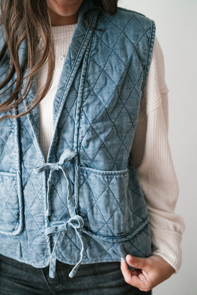 Dibs On Denim Quilted Tie Front Vest