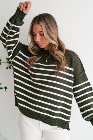Cozy Chic Women's Striped Mock Neck Knit Sweater - Olive