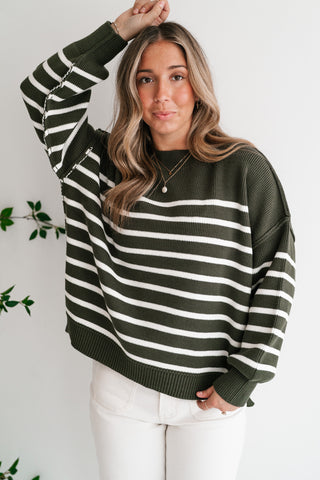 Cozy Chic Women's Striped Mock Neck Knit Sweater - Olive