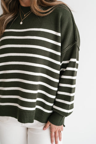 Cozy Chic Women's Striped Mock Neck Knit Sweater - Olive