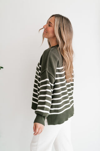 Cozy Chic Women's Striped Mock Neck Knit Sweater - Olive
