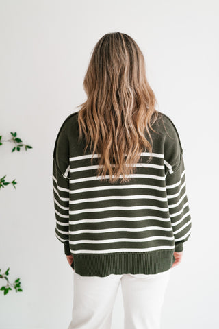 Cozy Chic Women's Striped Mock Neck Knit Sweater - Olive