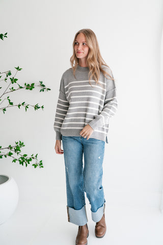 Cozy Chic Women's Striped Mock Neck Knit Sweater - Grey