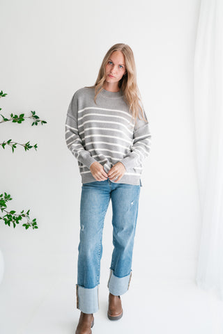 Cozy Chic Women's Striped Mock Neck Knit Sweater - Grey