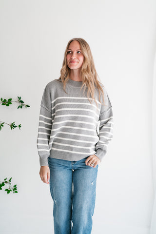 Cozy Chic Women's Striped Mock Neck Knit Sweater - Grey