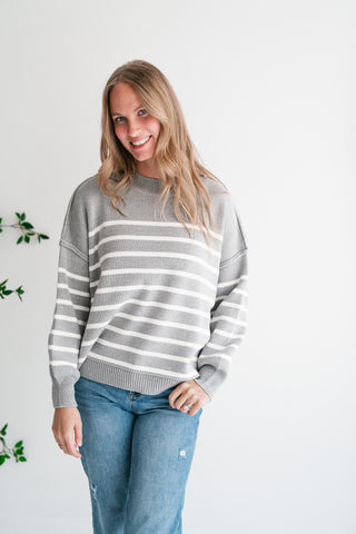 Cozy Chic Women's Striped Mock Neck Knit Sweater - Grey