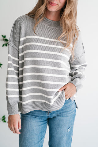 Cozy Chic Women's Striped Mock Neck Knit Sweater - Grey